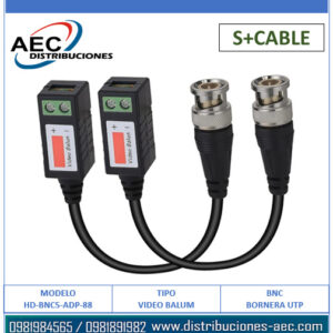 VIDEO BALUN PASIVO HD 8MP CON CABLE DE BNC A UTP BORNERA