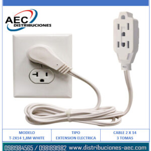 EXTENSIÓN ELÉCTRICA CABLE 2X14 EN COBRE 3 TOMAS 1.80 METROS BLANCA