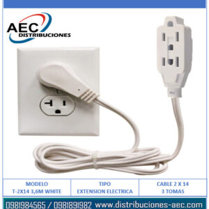 EXTENSIÓN ELÉCTRICA CABLE 2X14 EN COBRE 3 TOMAS 3.60 METROS BLANCA