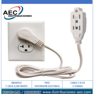 EXTENSIÓN ELÉCTRICA CABLE 2X14 EN COBRE 3 TOMAS 4.50 METROS BLANCA