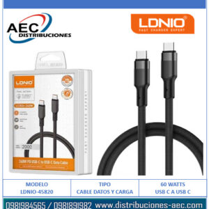 CABLE DE DATOS LDNIO LC351C TIPO C MACHO A TIPO C MACHO 65 WATTS 1 METRO