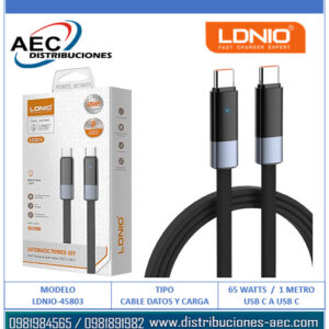 CABLE DE DATOS LDNIO APAGADO AUTOMATICO LC241C TIPO C MACHO A TIPO C MACHO 65 WATTS 1 METRO