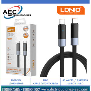 CABLE DE DATOS LDNIO APAGADO AUTOMATICO LC242C TIPO C MACHO A TIPO C MACHO 65 WATTS 2 METROS