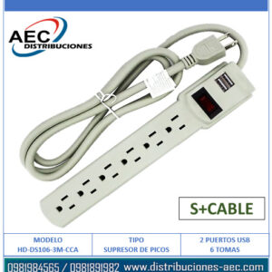 REGLETA SUPRESOR DE PICOS 6 TOMAS 110 VOLTIOS + 2 PUERTOS USB CABLE 3 METROS