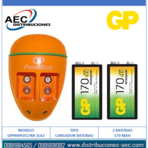 CARGADOR PARA BATERÍAS 9V GP INCLUYE 2 BATERÍAS 9V DE 170MAH