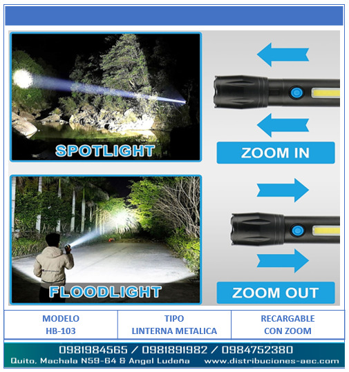 LINTERNA LED RECARGABLE DE ALUMINIO CON LUZ LATERAL PORTÁTIL 14 CM ENFOQUE AJUSTABLE ZOOM - Imagen 3
