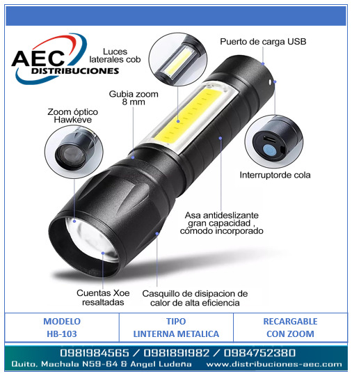 LINTERNA LED RECARGABLE DE ALUMINIO CON LUZ LATERAL PORTÁTIL 14 CM ENFOQUE AJUSTABLE ZOOM - Imagen 2