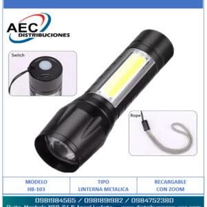 LINTERNA LED RECARGABLE DE ALUMINIO CON LUZ LATERAL PORTÁTIL 14 CM ENFOQUE AJUSTABLE ZOOM