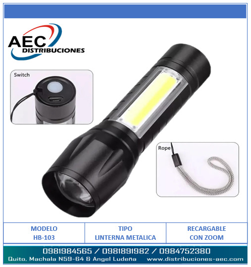 LINTERNA LED RECARGABLE DE ALUMINIO CON LUZ LATERAL PORTÁTIL 14 CM ENFOQUE AJUSTABLE ZOOM