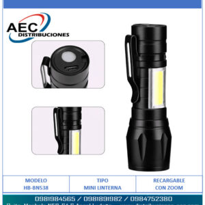 MINI LINTERNA LED RECARGABLE DE ALUMINIO CON LUZ LATERAL PORTÁTIL 12 CM ENFOQUE AJUSTABLE ZOOM