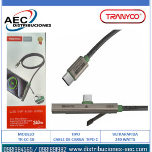 CABLE DE DATOS Y CARGA ULTRARAPIDA CONECCION TIPO C 240 WATTS TRANYOO CC-10