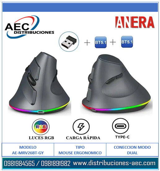 MOUSE ERGONÓMICO INALÁMBRICO RECARGABLE 7 BOTONES DPI AJUSTABLE CONECCION MODO DUAL 2.4G Y BLUETHOOTH COLOR GRIS - Imagen 2
