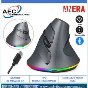 MOUSE ERGONÓMICO INALÁMBRICO RECARGABLE 7 BOTONES DPI AJUSTABLE CONECCION MODO DUAL 2.4G Y BLUETHOOTH COLOR GRIS