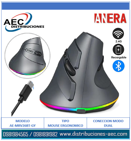MOUSE ERGONÓMICO INALÁMBRICO RECARGABLE 7 BOTONES DPI AJUSTABLE CONECCION MODO DUAL 2.4G Y BLUETHOOTH COLOR GRIS