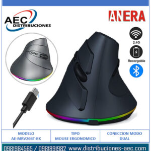 MOUSE ERGONÓMICO INALÁMBRICO RECARGABLE 7 BOTONES DPI AJUSTABLE CONECCION MODO DUAL 2.4G Y BLUETHOOTH COLOR NEGRO
