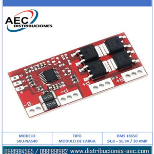 MODULO DE CARGA BMS BATERÍA 18650 4 SERIES 14.8V 16.8V 30AMP(289)