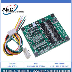 MODULO DE CARGA BMS BATERÍA 18650 4 SERIES 14.8V 16V 30AMP