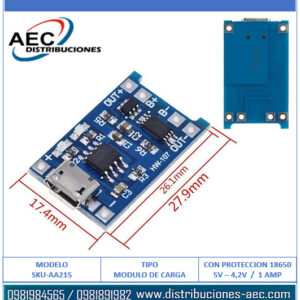 MODULO DE CARGA TP4056 CON PROTECCIÓN PARA BATERÍA 18650 5V - 1AMP ( V8 )