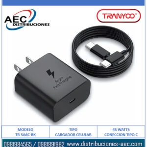 CARGADOR PARA CELULAR Y LAPTOP 45 WATTS TRANYOO T-SA6C CARGA RÁPIDA INCLUYE CABLE TIPO C