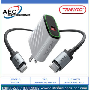 CARGADOR PARA CELULAR Y LAPTOP 120 WATTS TRANYOO T-US9C CARGA SÚPER RÁPIDA INCLUYE CABLE TIPO C