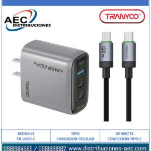 CARGADOR PARA CELULAR Y LAPTOP 65 WATTS TRANYOO T-US65C CARGA SÚPER RÁPIDA INCLUYE CABLE TIPO C