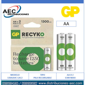 PILA RECARGABLE AA 1300MAH GP BLISTER POR 2 UNIDADES