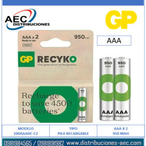 PILA RECARGABLE AAA 950MAH GP BLISTER POR 2 UNIDADES