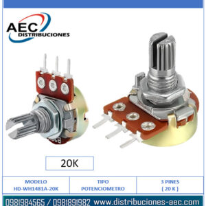 POTENCIÓMETRO CON EJE ESTRIADO 3 PINES 20K OHMIOS