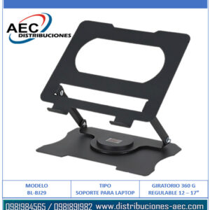 BASE PARA LAPTOP EVL BJ29 GIRO 360G ALTURA REGULABLE METÁLICA NEGRA