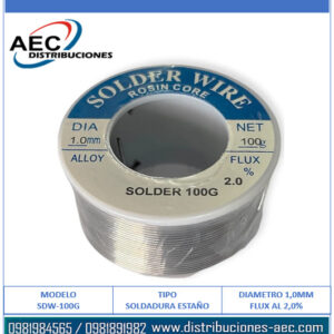 ESTAÑO ALAMBRE DE SOLDADURA FINO EN ROLLO 60/40 DIÁMETRO 1MM 2% FLUX 100 GRAMOS