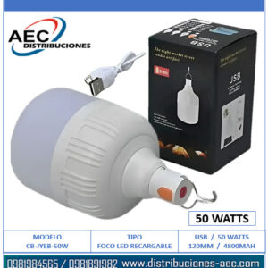 FOCO DE EMERGENCIA LUZ LED RECARGABLE PUERTO USB 50WATTS / 120MM / 4800MAH CON GANCHO